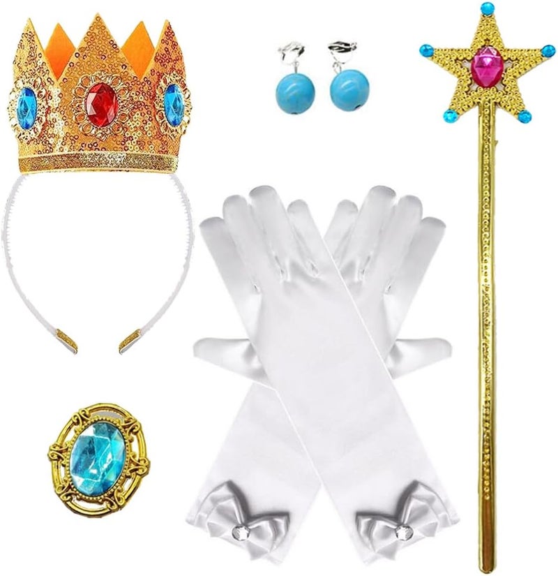 Yosbabe Princess Peach Costume Dress up Accessories for Girls Gloves Tiara Crown Wand Brooch Earrings Halloween Cosplay Accessories Christmas Gifts Set (White Peach) - Image 1